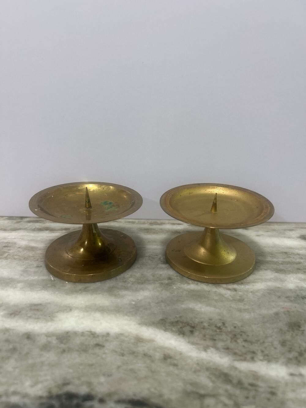 Vintage Brass Spiked Pillar Candle Holders Pair India Modular 2" Screw Apart